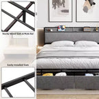 Cadre de lit King Size avec tête de lit de rangement - 2 tiroirs, station de charge, capitonné, dégagement sous le lit de 26 cm, silencieux