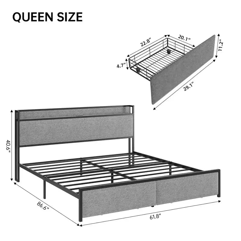 Cadre de lit King Size avec tête de lit de rangement - 2 tiroirs, station de charge, capitonné, dégagement sous le lit de 26 cm, silencieux