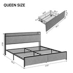 Cadre de lit King Size avec tête de lit de rangement - 2 tiroirs, station de charge, capitonné, dégagement sous le lit de 26 cm, silencieux