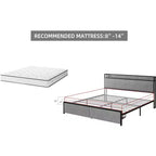Cadre de lit King Size avec tête de lit de rangement - 2 tiroirs, station de charge, capitonné, dégagement sous le lit de 26 cm, silencieux