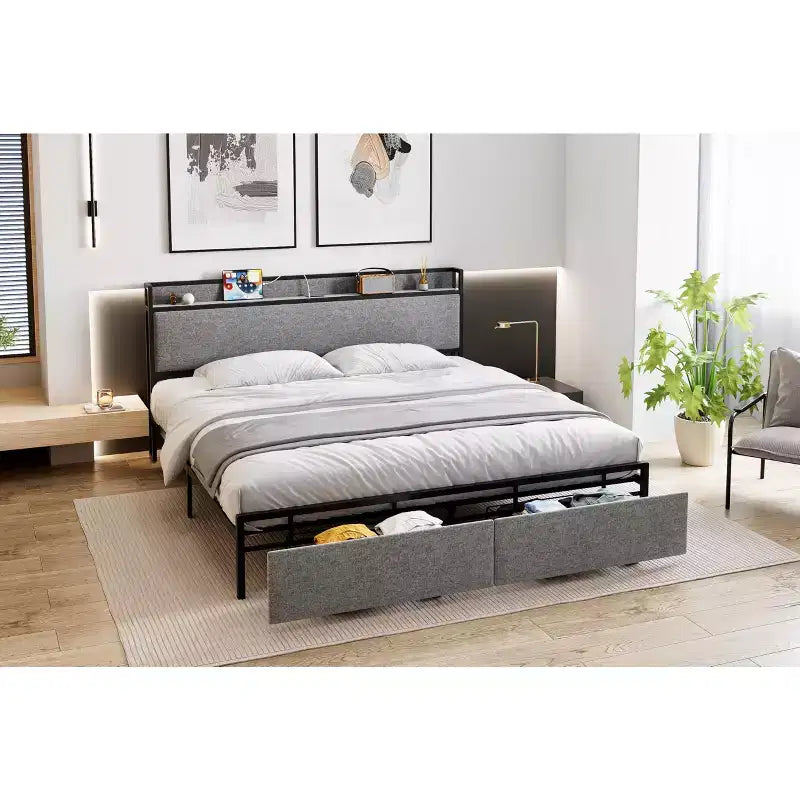 Cadre de lit King Size avec tête de lit de rangement - 2 tiroirs, station de charge, capitonné, dégagement sous le lit de 26 cm, silencieux