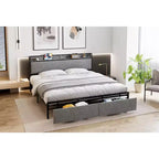 Cadre de lit King Size avec tête de lit de rangement - 2 tiroirs, station de charge, capitonné, dégagement sous le lit de 26 cm, silencieux