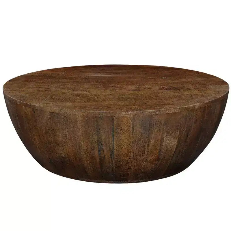Table basse | Plateau rond de 90 cm | Bois de manguier brun sablé en forme de tambour