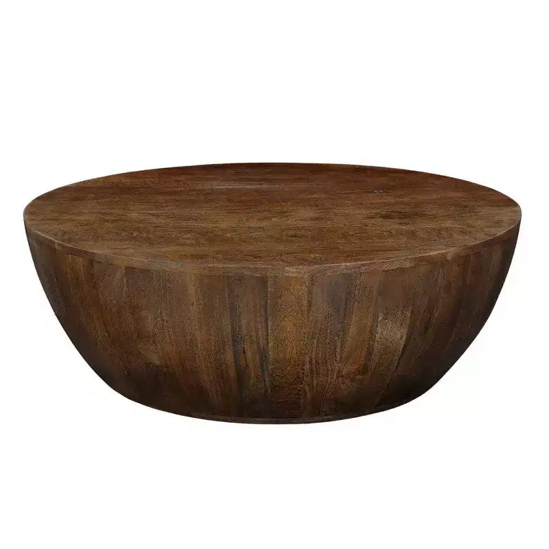 Table basse | Plateau rond de 90 cm | Bois de manguier brun sablé en forme de tambour