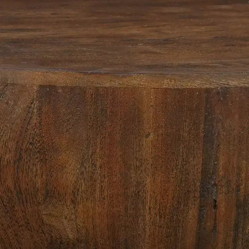 Table basse | Plateau rond de 90 cm | Bois de manguier brun sablé en forme de tambour