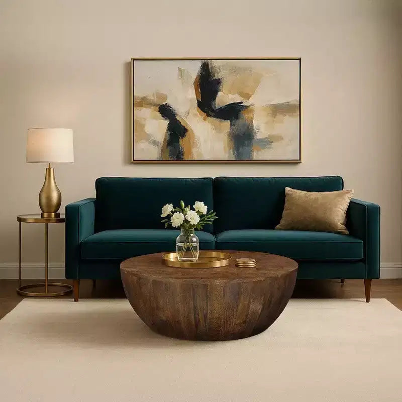 Table basse | Plateau rond de 90 cm | Bois de manguier brun sablé en forme de tambour