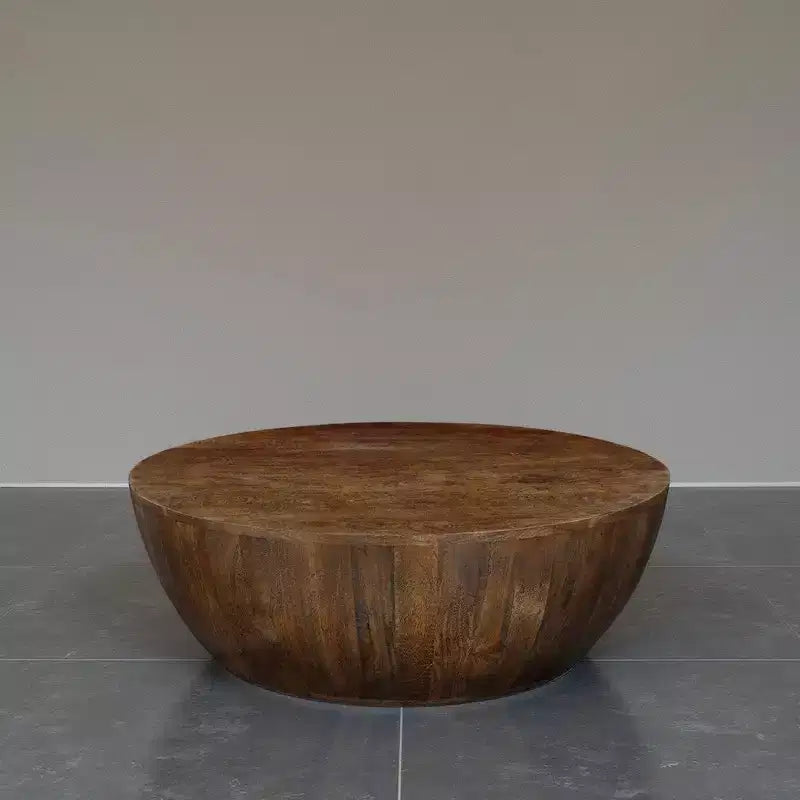 Table basse | Plateau rond de 90 cm | Bois de manguier brun sablé en forme de tambour