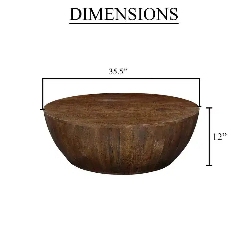 Table basse | Plateau rond de 90 cm | Bois de manguier brun sablé en forme de tambour