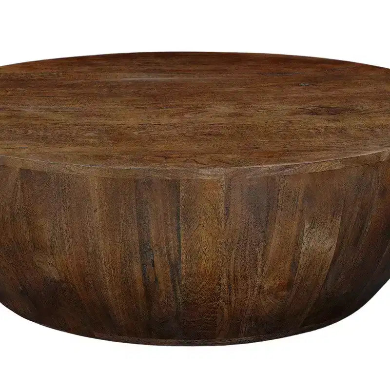 Table basse | Plateau rond de 90 cm | Bois de manguier brun sablé en forme de tambour