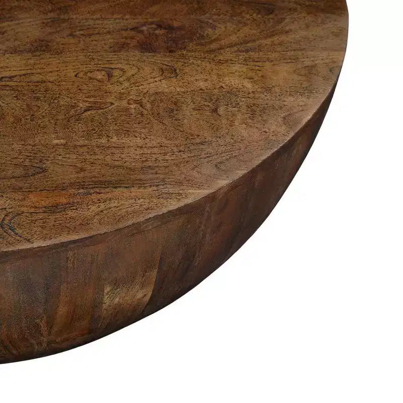 Table basse | Plateau rond de 90 cm | Bois de manguier brun sablé en forme de tambour