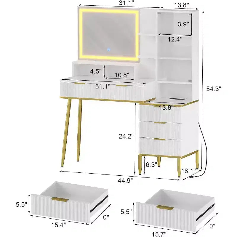 Coiffeuse cannelée avec miroir, 5 tiroirs, étagères en verre, éclairage réglable, ports de charge, table de toilette de chambre, couleur bois, 114 cm