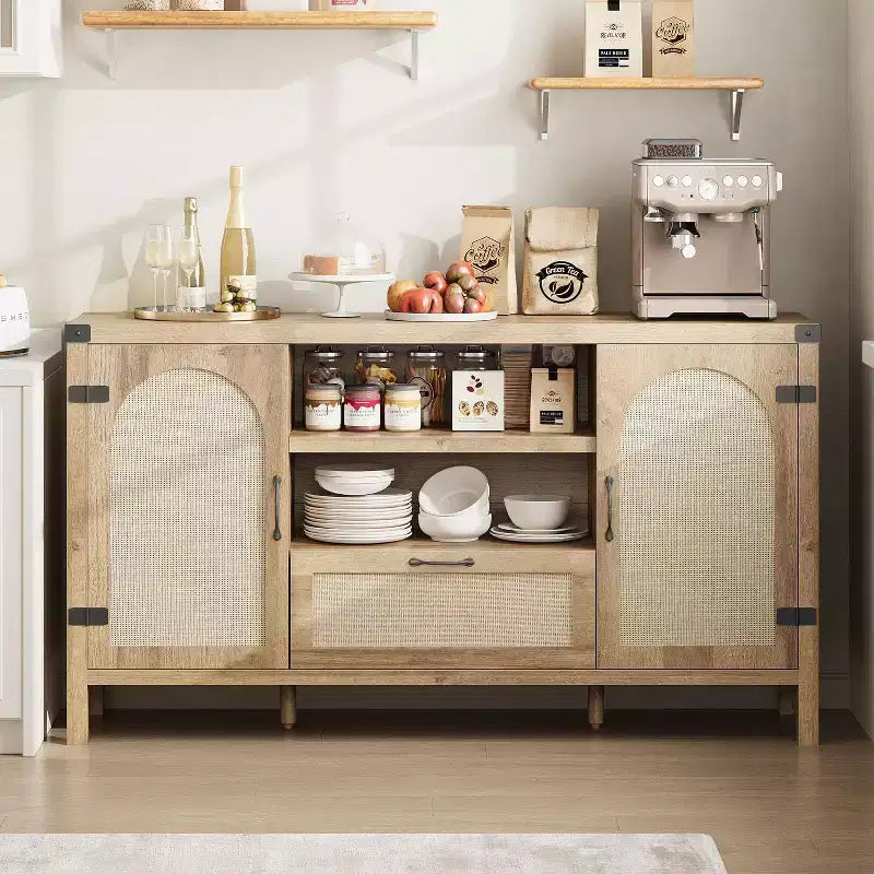 47.2 Farmhouse Buffet Cabinet - Rattan Decor Kitchen Sideboard with Storage for Living Room & Entryway,Natural