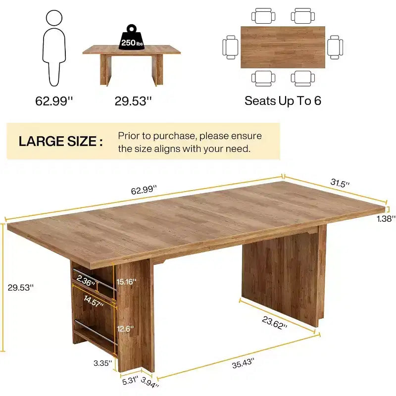 Table de salle à manger de ferme pour 4 à 6 personnes, table de salle à manger rectangulaire de 160 cm avec rangement pour cuisine, salon