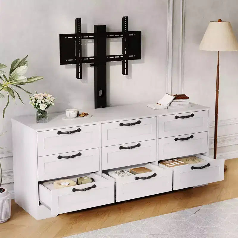 Commode à 9 tiroirs Meuble TV avec support pour téléviseurs de 32 à 85 pouces, Centre de divertissement moderne avec tiroirs, Table console multimédia pour chambre à coucher ou salon