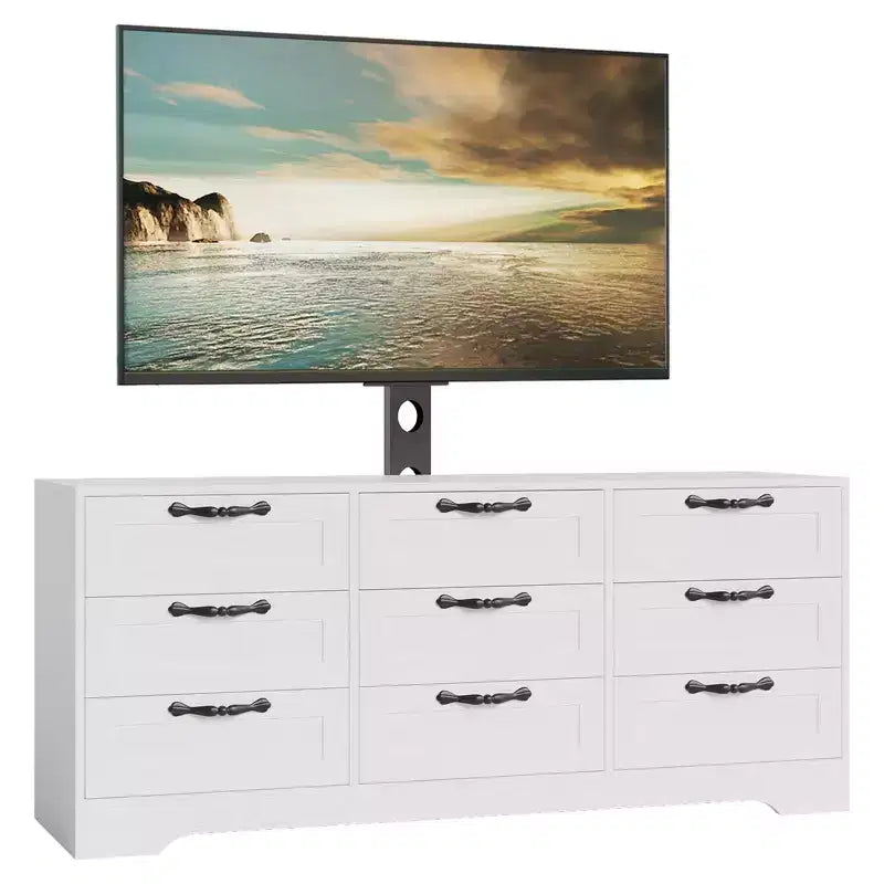 Commode à 9 tiroirs Meuble TV avec support pour téléviseurs de 32 à 85 pouces, Centre de divertissement moderne avec tiroirs, Table console multimédia pour chambre à coucher ou salon