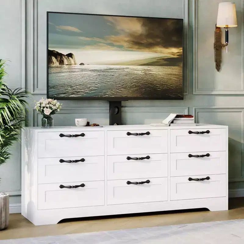 Commode à 9 tiroirs Meuble TV avec support pour téléviseurs de 32 à 85 pouces, Centre de divertissement moderne avec tiroirs, Table console multimédia pour chambre à coucher ou salon