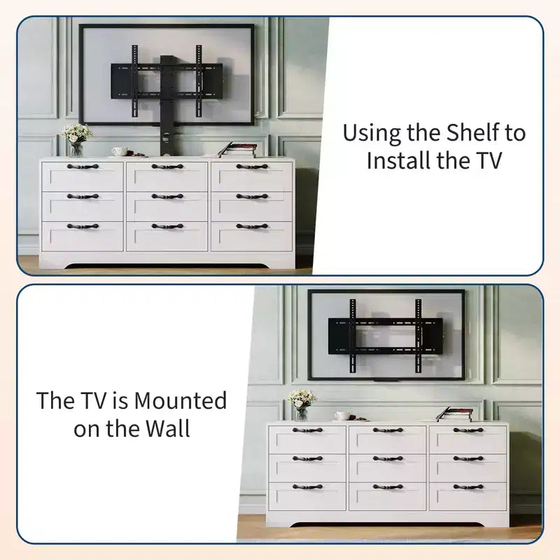 Commode à 9 tiroirs Meuble TV avec support pour téléviseurs de 32 à 85 pouces, Centre de divertissement moderne avec tiroirs, Table console multimédia pour chambre à coucher ou salon