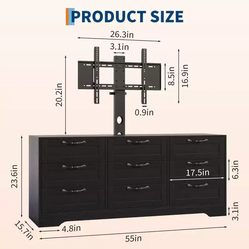Commode à 9 tiroirs Meuble TV avec support pour téléviseurs de 32 à 85 pouces, Centre de divertissement moderne avec tiroirs, Table console multimédia pour chambre à coucher ou salon