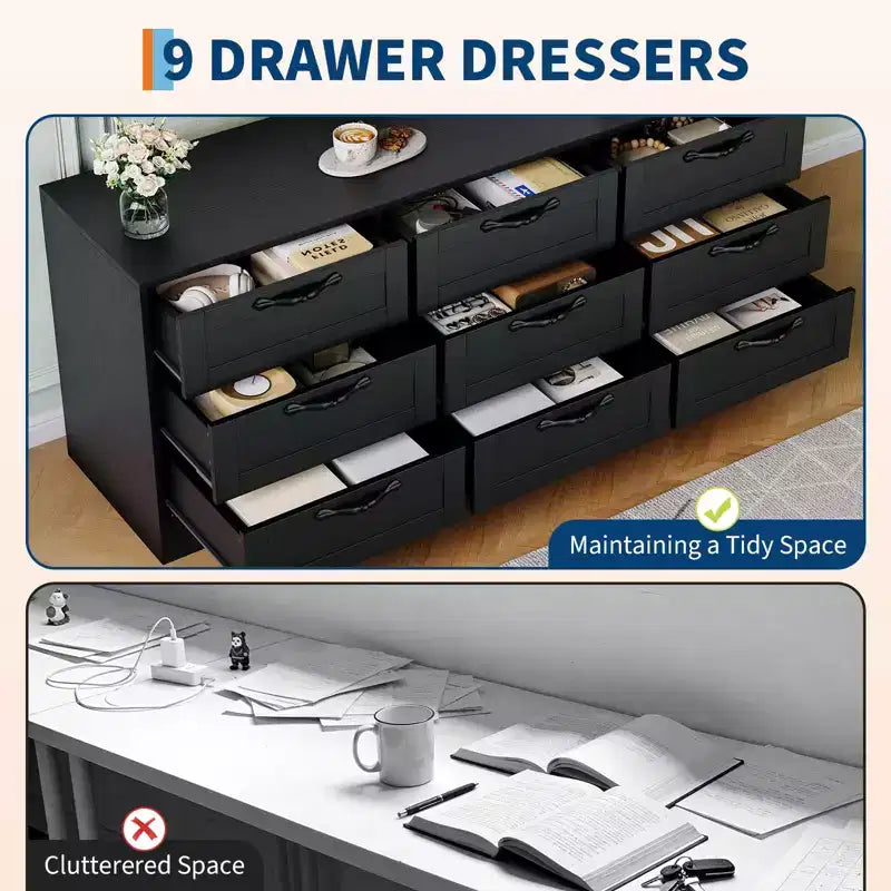 Commode à 9 tiroirs Meuble TV avec support pour téléviseurs de 32 à 85 pouces, Centre de divertissement moderne avec tiroirs, Table console multimédia pour chambre à coucher ou salon