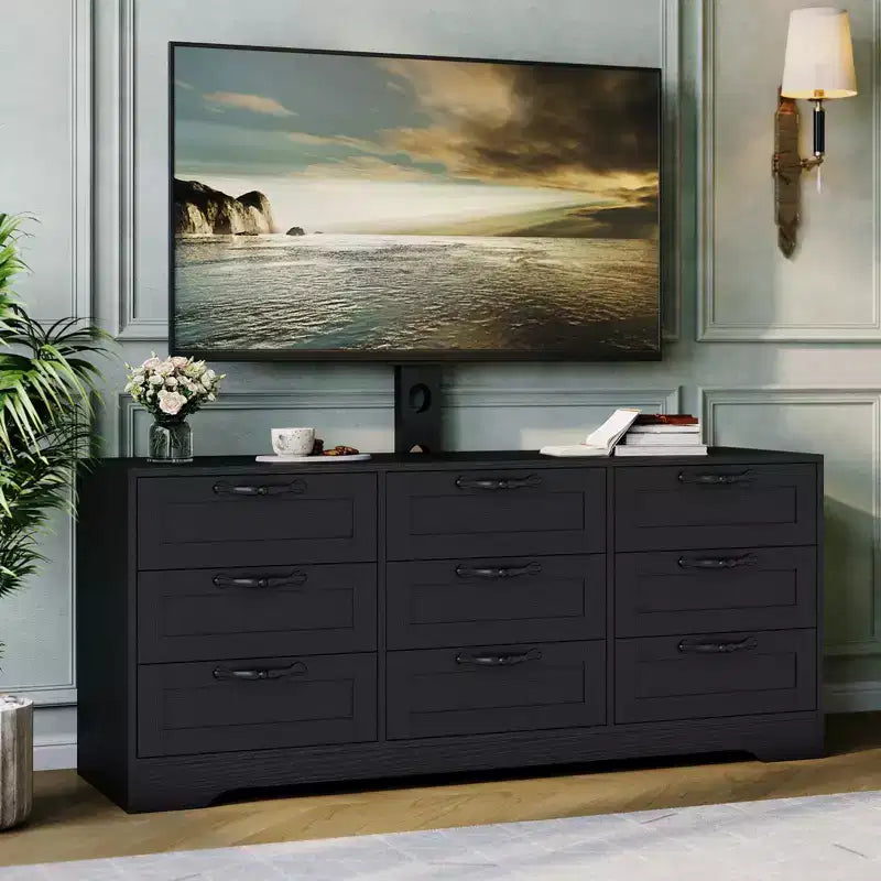 Commode à 9 tiroirs Meuble TV avec support pour téléviseurs de 32 à 85 pouces, Centre de divertissement moderne avec tiroirs, Table console multimédia pour chambre à coucher ou salon