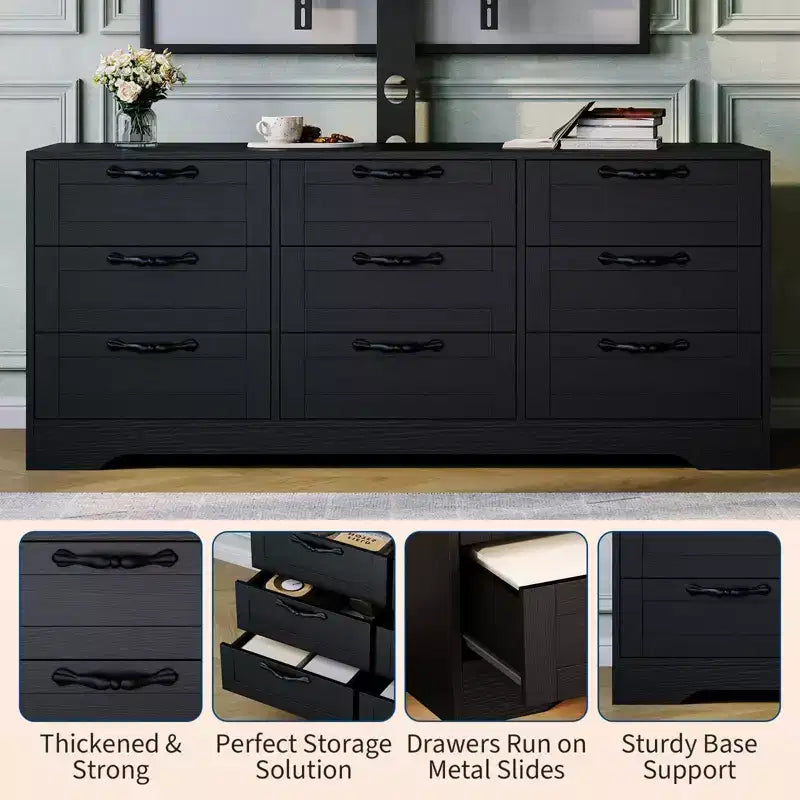Commode à 9 tiroirs Meuble TV avec support pour téléviseurs de 32 à 85 pouces, Centre de divertissement moderne avec tiroirs, Table console multimédia pour chambre à coucher ou salon