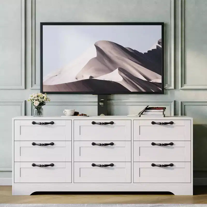 Commode à 9 tiroirs Meuble TV avec support pour téléviseurs de 32 à 85 pouces, Centre de divertissement moderne avec tiroirs, Table console multimédia pour chambre à coucher ou salon