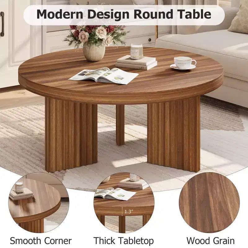 Table basse ronde de 84,8 cm avec plateau épais et pieds cannelés, table d'appoint pour salon et chambre, montage facile