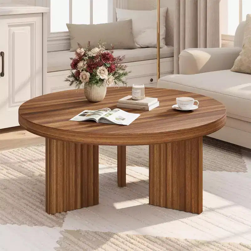 Table basse ronde de 84,8 cm avec plateau épais et pieds cannelés, table d'appoint pour salon et chambre, montage facile