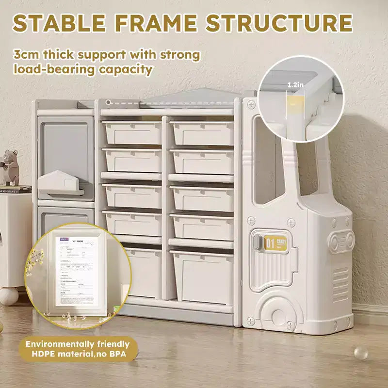 Meuble de rangement pour jouets d'enfants, favorise l'autonomie, gain de place, facile à nettoyer, multifonctionnel et écologique