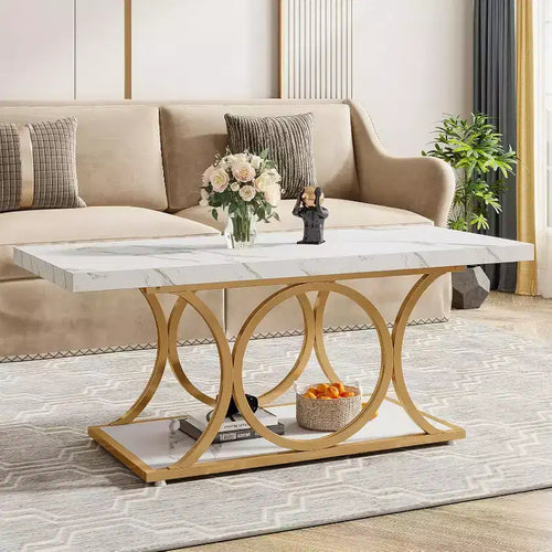 Lantine 46.45-inch Modern 2-Tier Coffee Table with Faux Marble Top, Geometric Legs, Storage Shelf for Living Room (White & Gold)