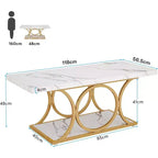 Table basse moderne à 2 niveaux de 46,45 pouces avec plateau en faux marbre, pieds géométriques, étagère de rangement pour salon (blanc et or)