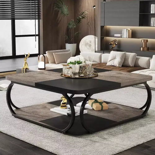 Lantine 39-Inch Coffee Table with Open Storage Shelf, Large Wood Square Low Center Table for Living Room, Home Office, Black Rustic Grey