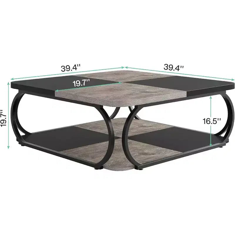 Table basse de 99 cm avec étagère de rangement ouverte, grande table basse carrée en bois pour salon, bureau, gris rustique noir