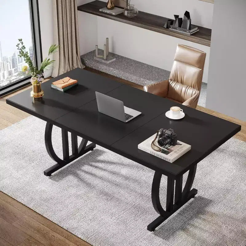Bureau informatique de 63 pouces, bureau de direction moderne avec cadre en métal pour bureau à domicile, table d'étude, noir clair