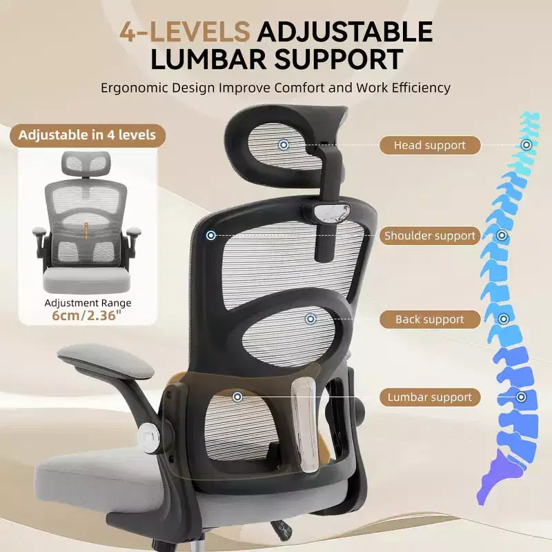 Chaise de bureau ergonomique à dossier haut en maille avec appui-tête et support lombaire, chaise de bureau pivotante réglable pour bureau à domicile