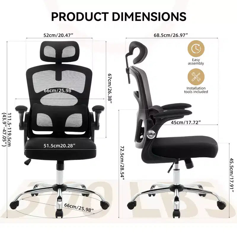 Chaise de bureau ergonomique à dossier haut en maille avec appui-tête et support lombaire, chaise de bureau pivotante réglable pour bureau à domicile