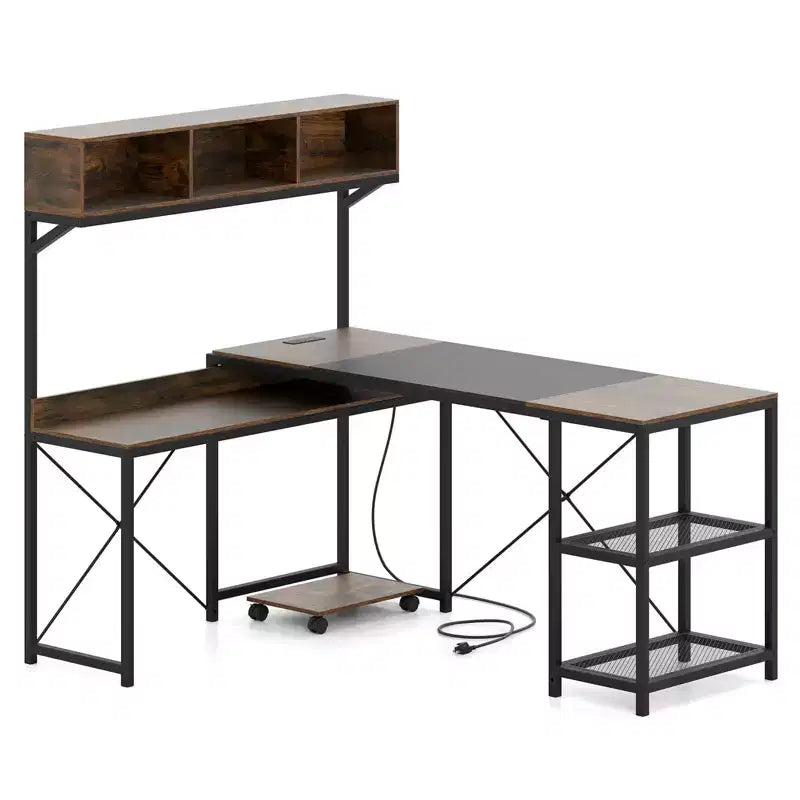 Bureau d'angle en L avec prises de courant, bureau d'angle de 157 cm avec étagère de rangement