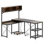 Bureau d'angle en L avec prises de courant, bureau d'angle de 157 cm avec étagère de rangement