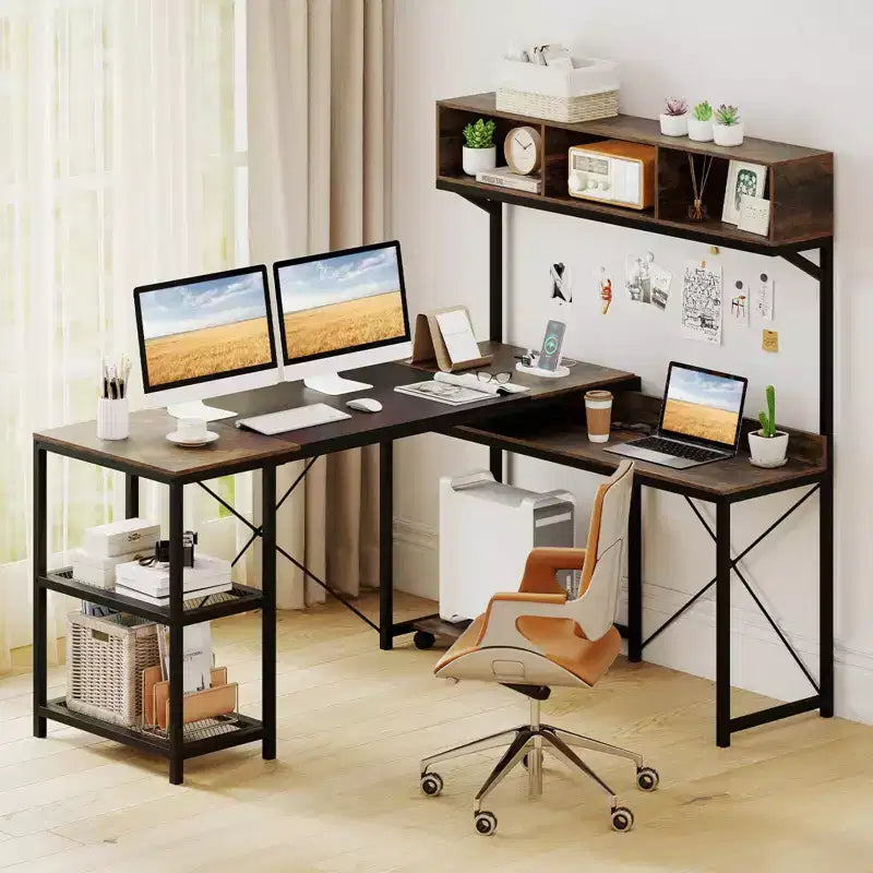 Bureau d'angle en L avec prises de courant, bureau d'angle de 157 cm avec étagère de rangement