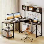 Bureau d'angle en L avec prises de courant, bureau d'angle de 157 cm avec étagère de rangement