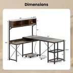 Bureau d'angle en L avec prises de courant, bureau d'angle de 157 cm avec étagère de rangement