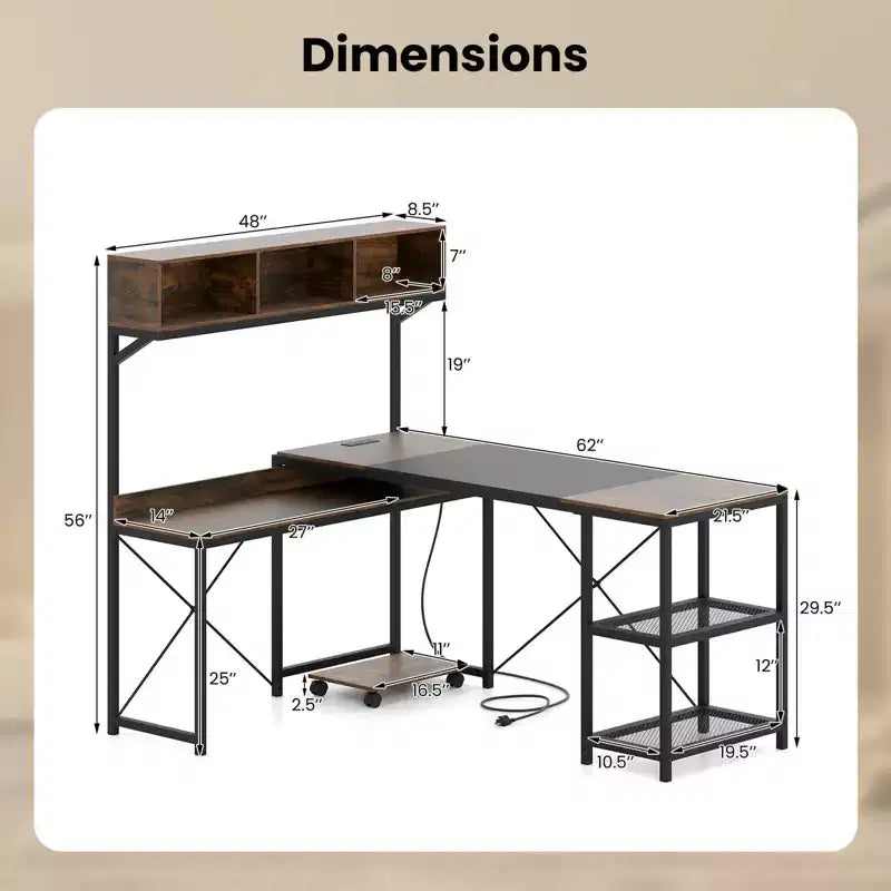 Bureau d'angle en L avec prises de courant, bureau d'angle de 157 cm avec étagère de rangement