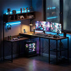 Bureau d'angle en L avec prises de courant, bureau d'angle de 157 cm avec étagère de rangement
