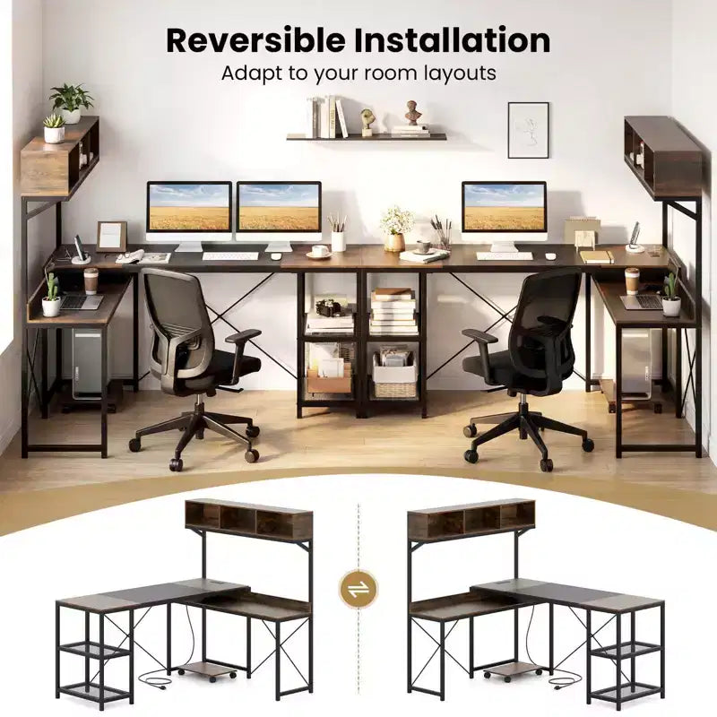 Bureau d'angle en L avec prises de courant, bureau d'angle de 157 cm avec étagère de rangement