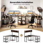 Bureau d'angle en L avec prises de courant, bureau d'angle de 157 cm avec étagère de rangement