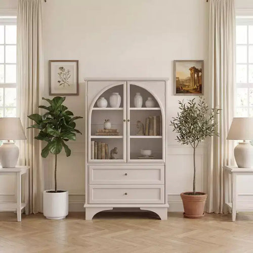 JVNOXK 52.17 Inch Tall Glass Door Display Cabinet with Storage, 2 Drawers and Adjustable Shelves, for Living Room and Bedroom, White