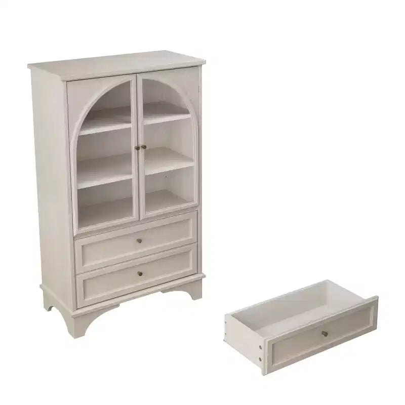 Meuble Vitrine Haute 132.5 cm avec Rangement, 2 Tiroirs et Étagères Réglables, pour Salon et Chambre, Blanc