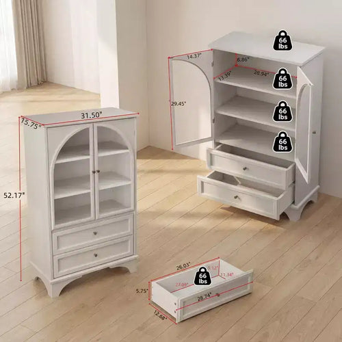 Meuble Vitrine Haute 132.5 cm avec Rangement, 2 Tiroirs et Étagères Réglables, pour Salon et Chambre, Blanc