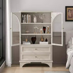 Meuble Vitrine Haute 132.5 cm avec Rangement, 2 Tiroirs et Étagères Réglables, pour Salon et Chambre, Blanc