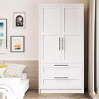 Wooden Armoire Wardrobe Closet with 2 Drawers, 70 Tall Storage Cabinet with 2 Doors, Modern Bedroom Clothing Armoires with Hanging Rods, White